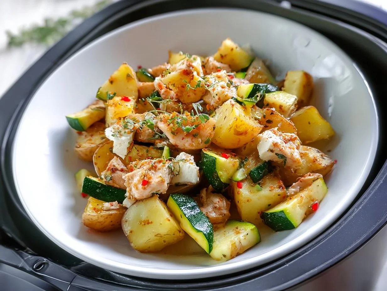 Aardappelschotel met courgette, kip en feta