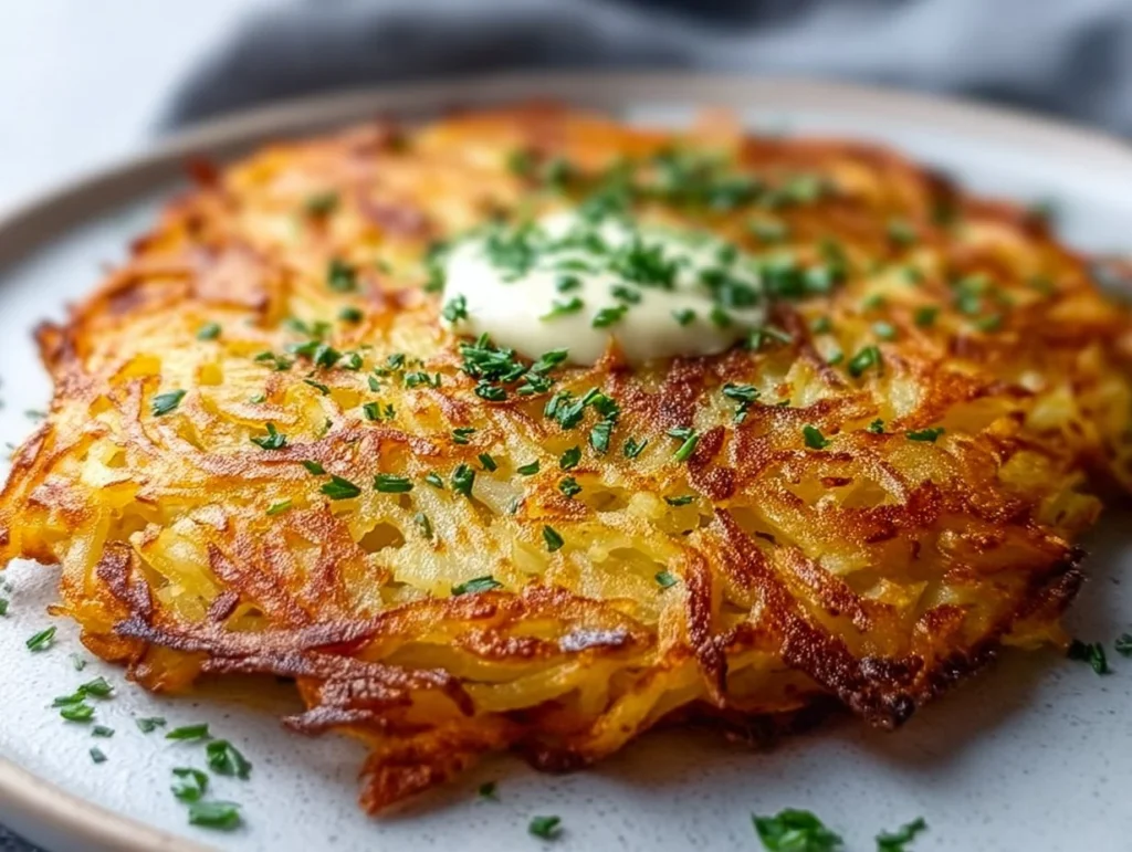 Knusprige Kartoffelrösti aus der Heißluftfritteuse auf einem Teller