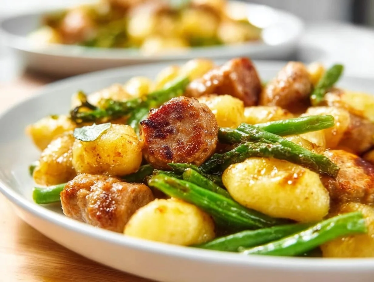 Luftfritteusenmahlzeit mit Wurst, grünen Bohnen und Gnocchi