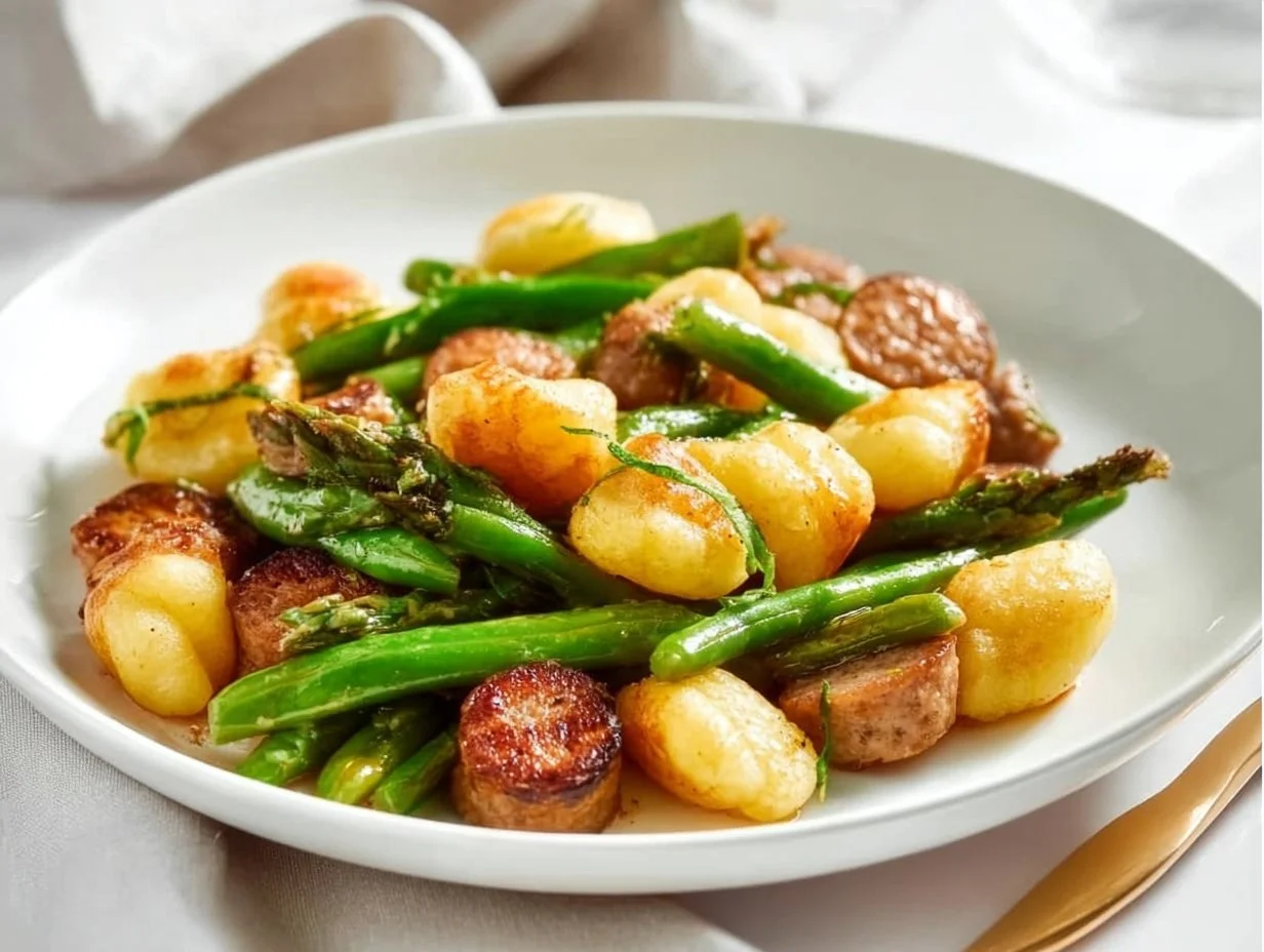 Einfache Luftfritteusenmahlzeit mit Wurst, grünen Bohnen und Gnocchi