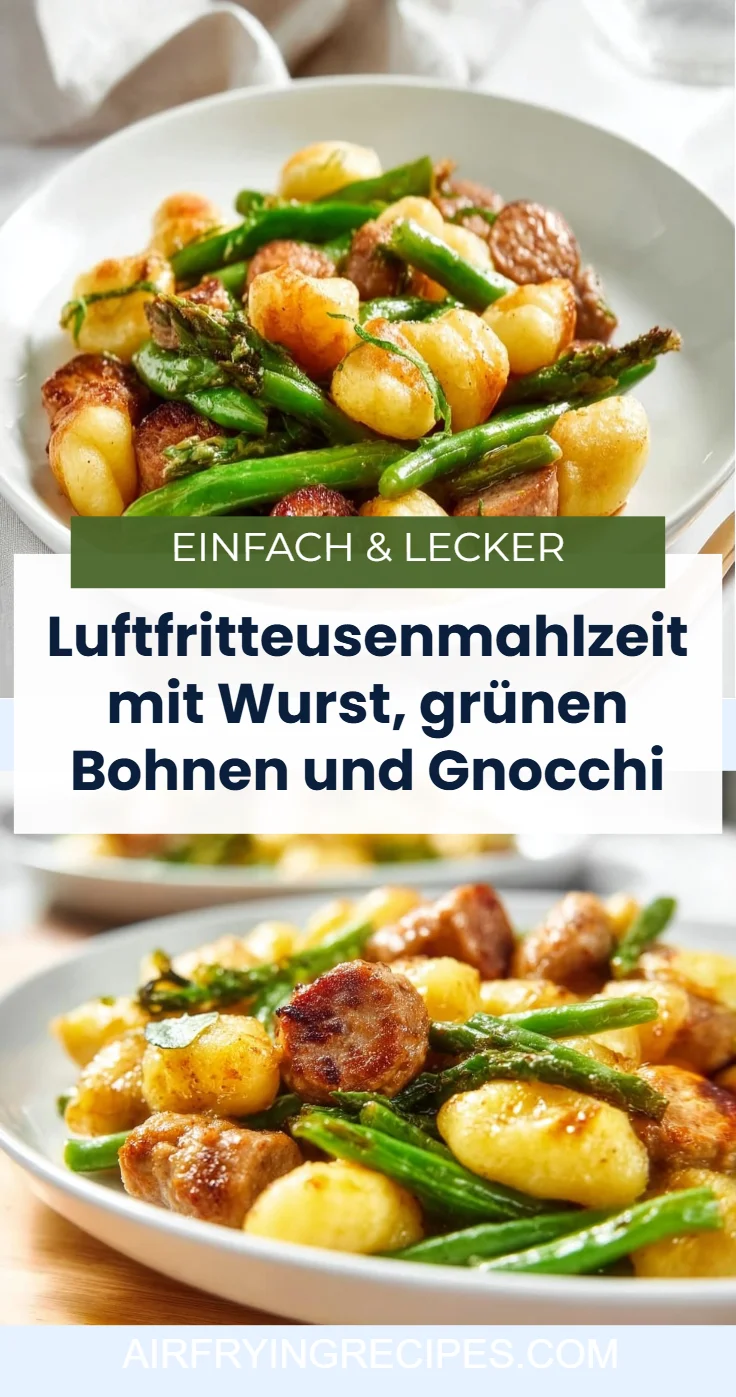 Luftfritteusenmahlzeit mit Wurst, grünen Bohnen und Gnocchi