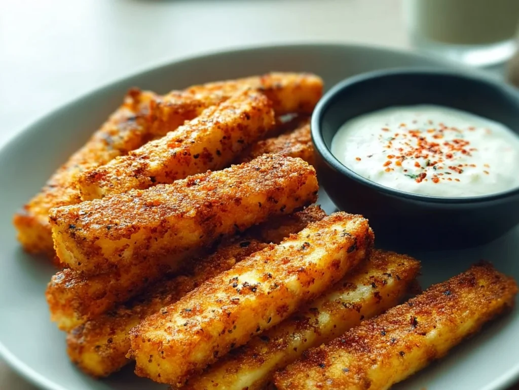 Luftfrittierte Halloumi-Streifen mit scharfem Dip auf einem Teller