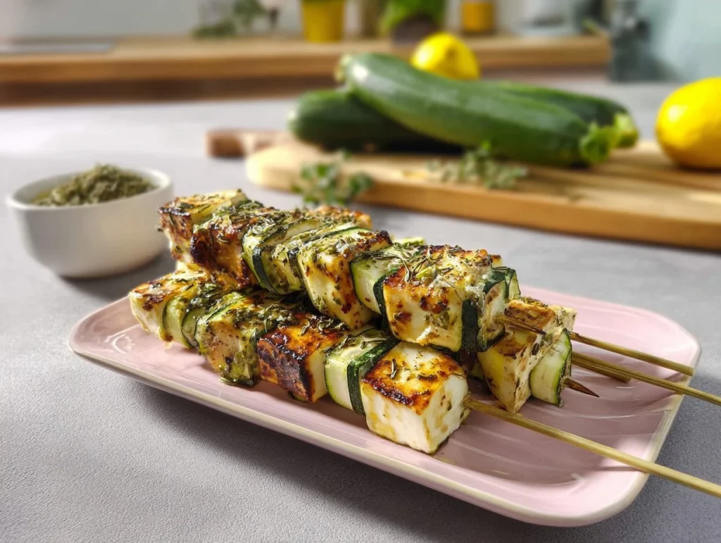 Zucchini Halloumi Spieße mit Zitronen Oregano Marinade auf Grill