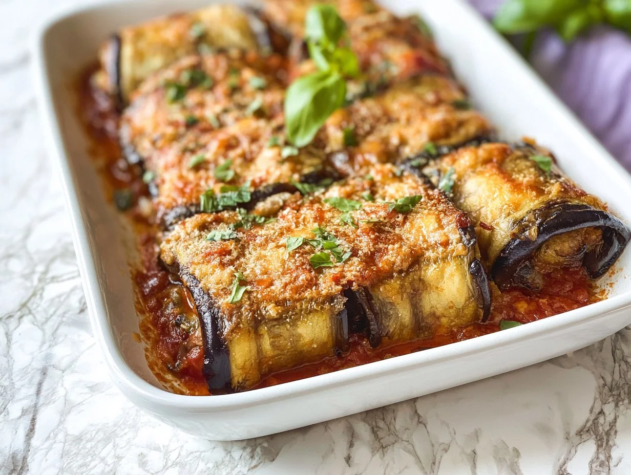 Auberginenröllchen in Tomatensauce in der Heißluftfritteuse
