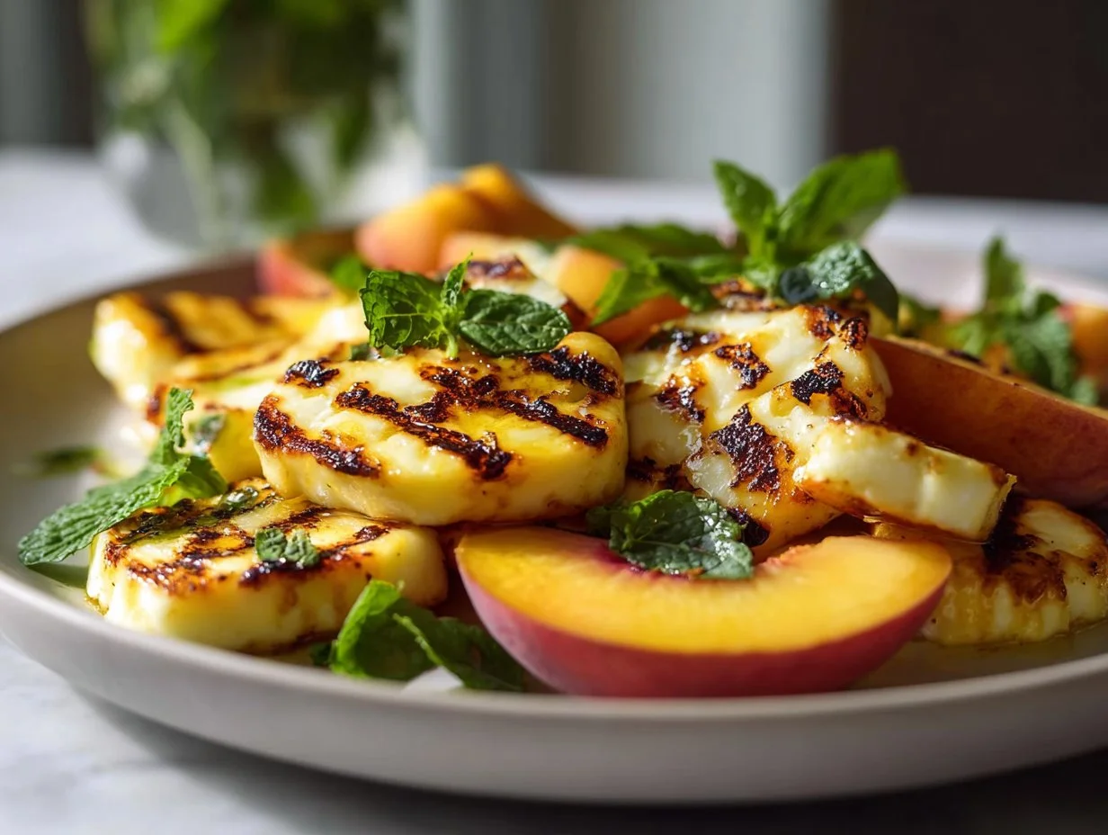 Gegrillter Halloumi mit Pfirsich im Airfryer
