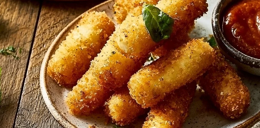 Mozzarella-Sticks aus der Heißluftfritteuse auf einem Teller serviert