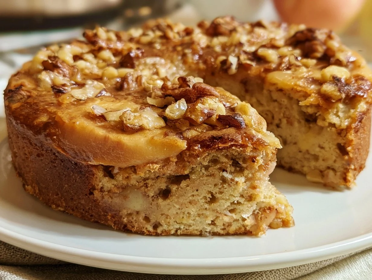 Apfel-Walnuss-Kuchen aus der Heißluftfritteuse auf einem Teller serviert