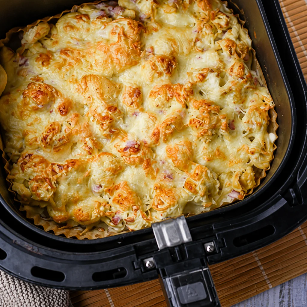 Cremige Tortellini aus der Heißluftfritteuse mit frischen Zutaten zubereitet.