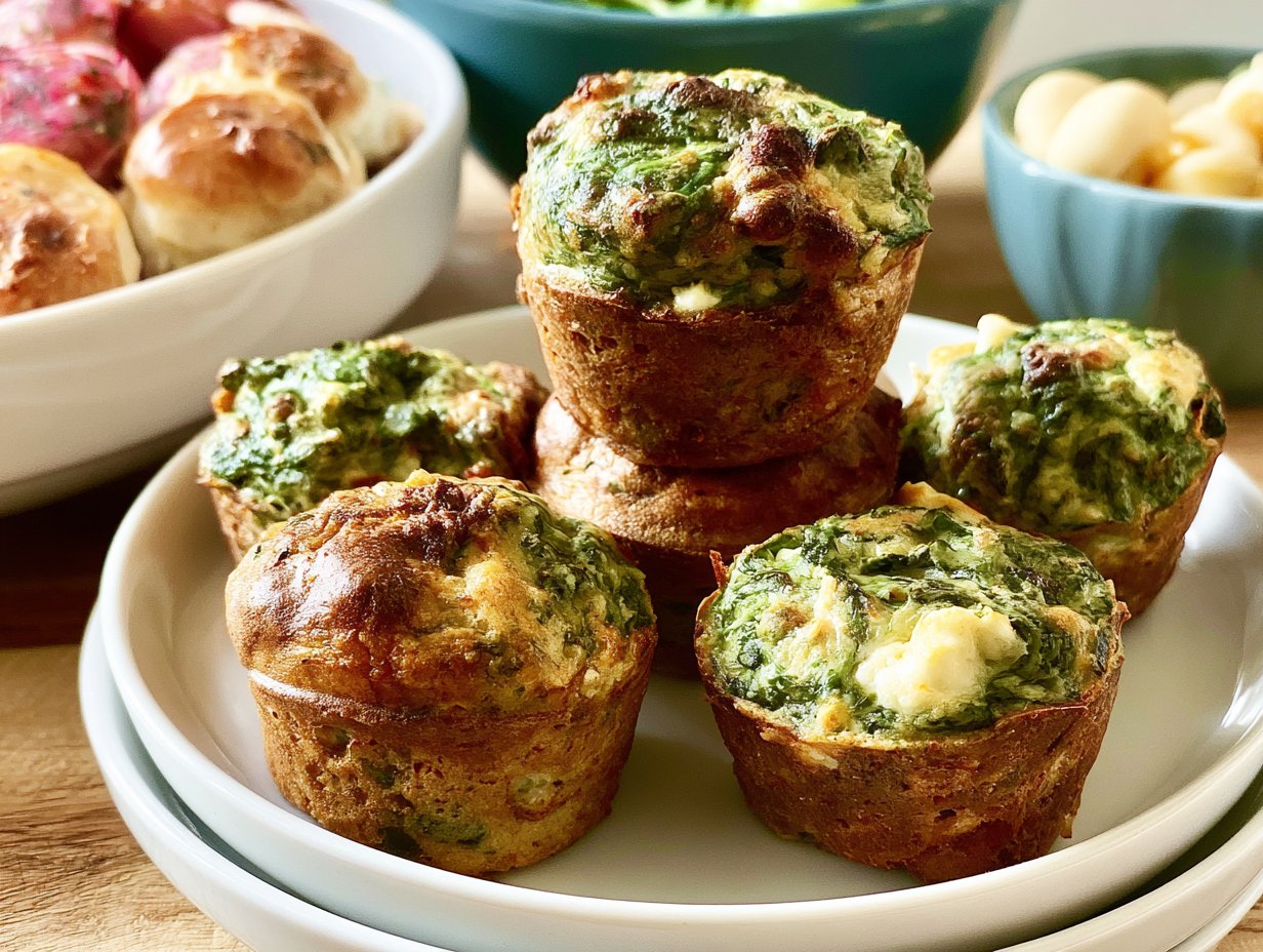 Frische Spinat-Feta-Muffins auf einem Tisch angerichtet