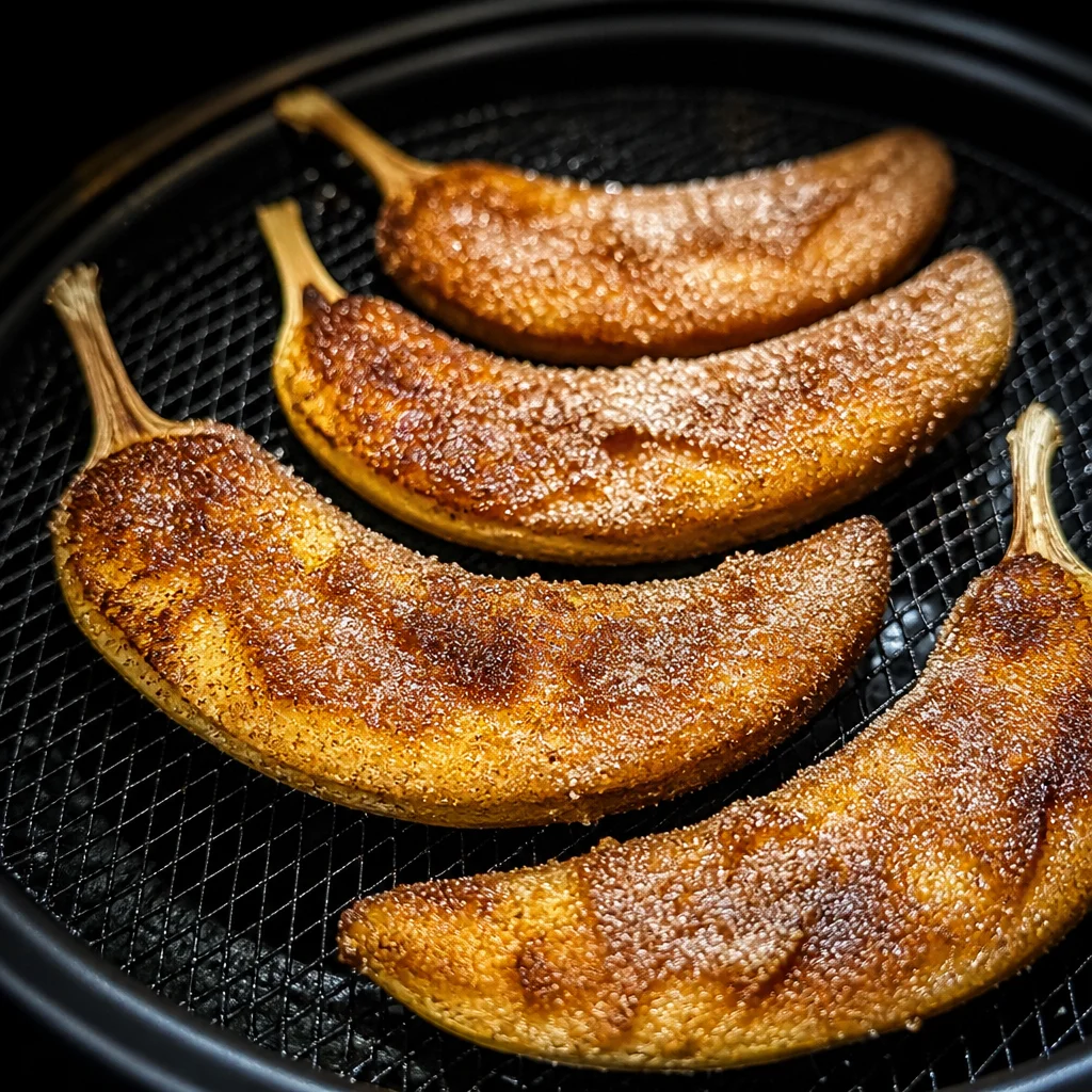 Gebackene Banane mit Zimt Zucker aus dem Airfryer auf einem Teller serviert.