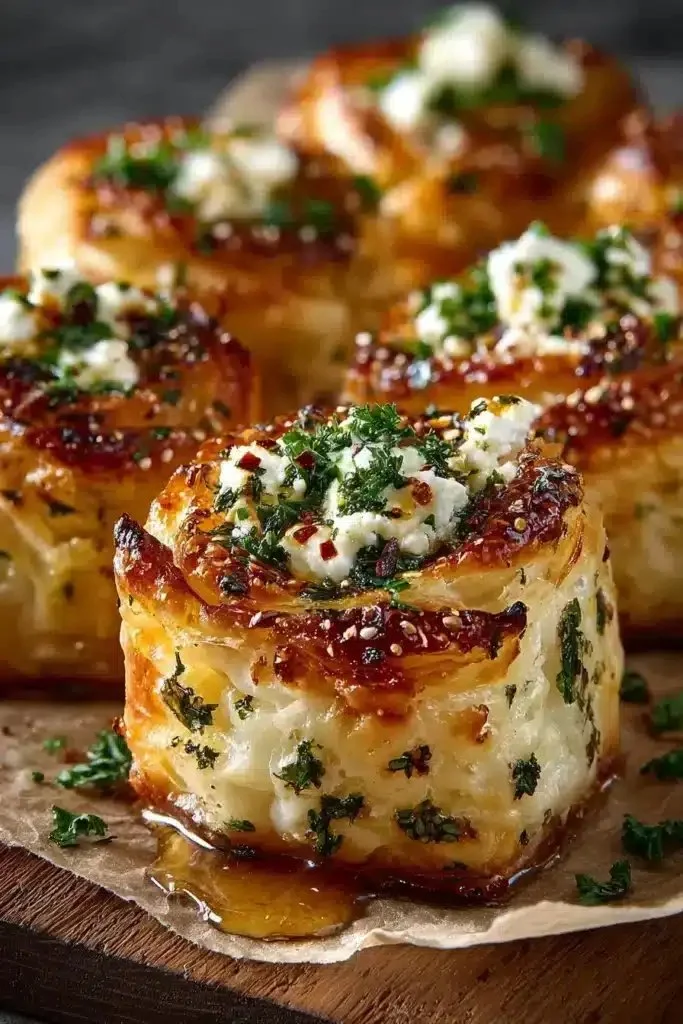 Knusprige Feta-Rollen aus dem Ofen mit scharfem Honig auf einem Teller.