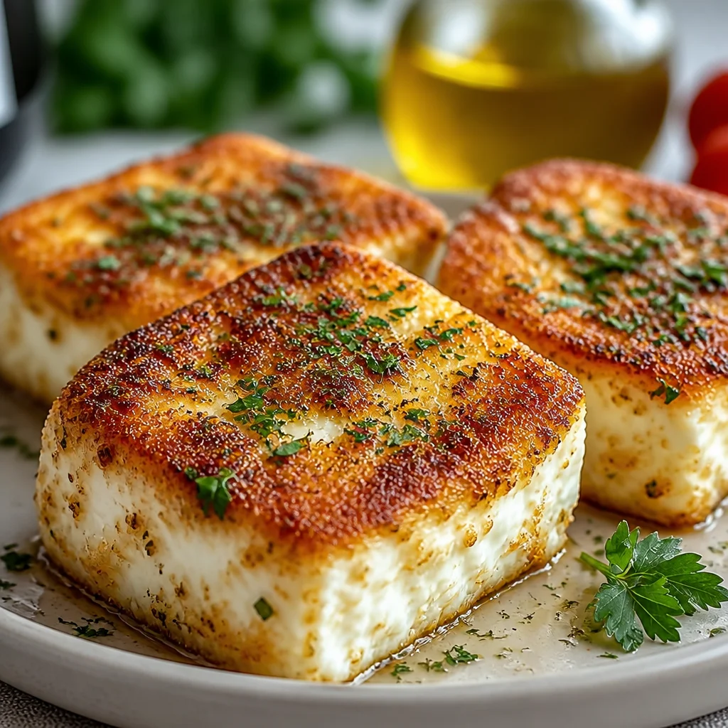 Panierter Feta aus der Heißluftfritteuse, knusprig und lecker als Snack serviert.