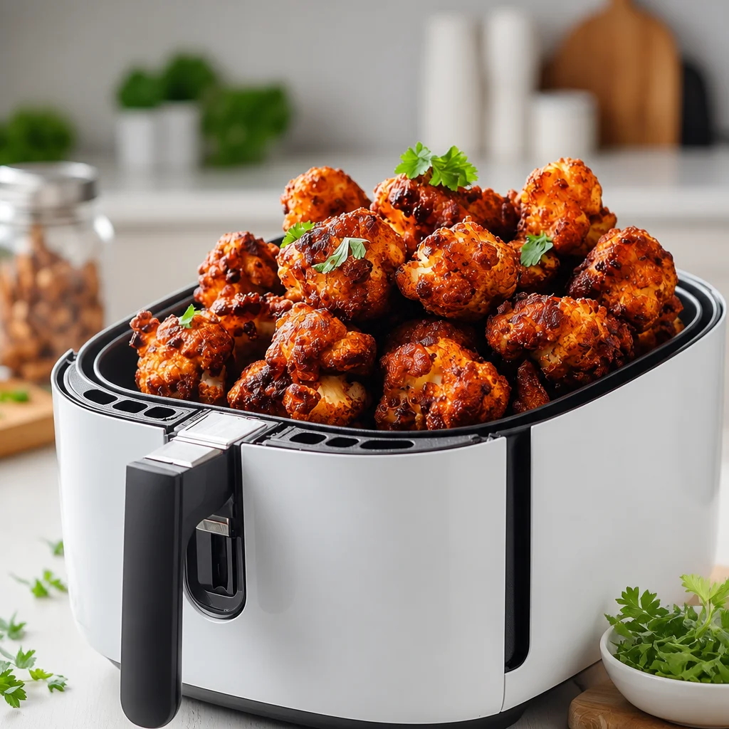 Vegane Buffalo Blumenkohl Wings aus der Heißluftfritteuse als leckeres Snack-Rezept.
