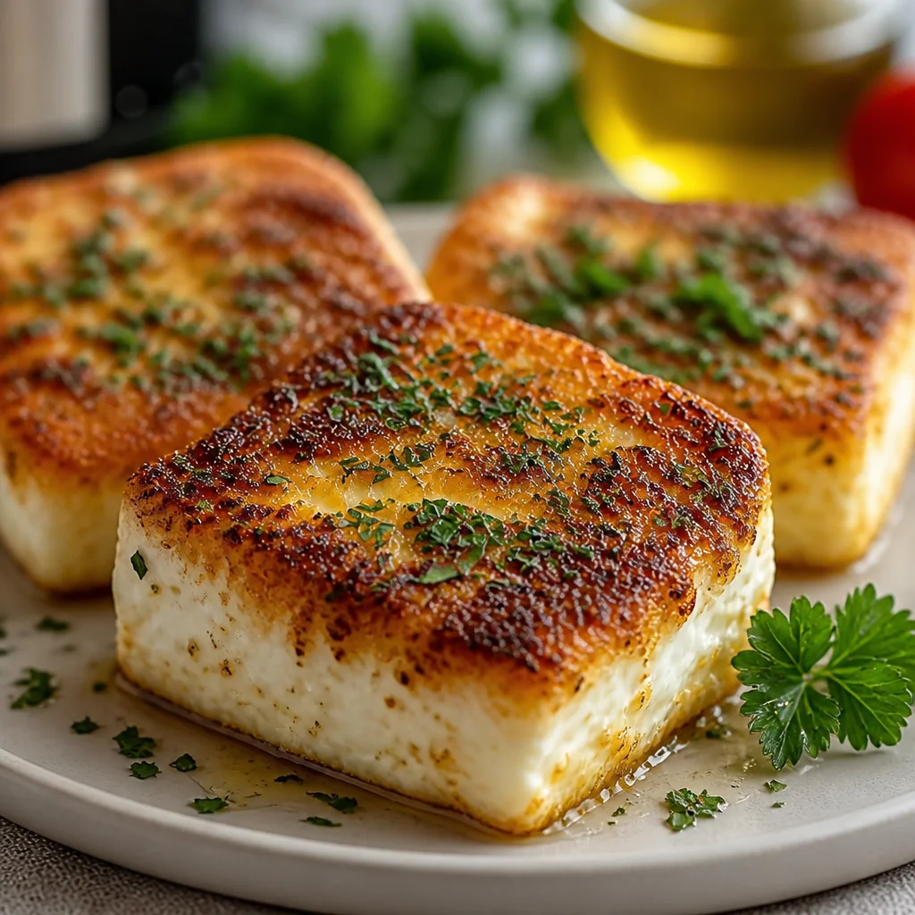 Knuspriger panierter Feta aus der Heißluftfritteuse mit Goldbraunem Panade.