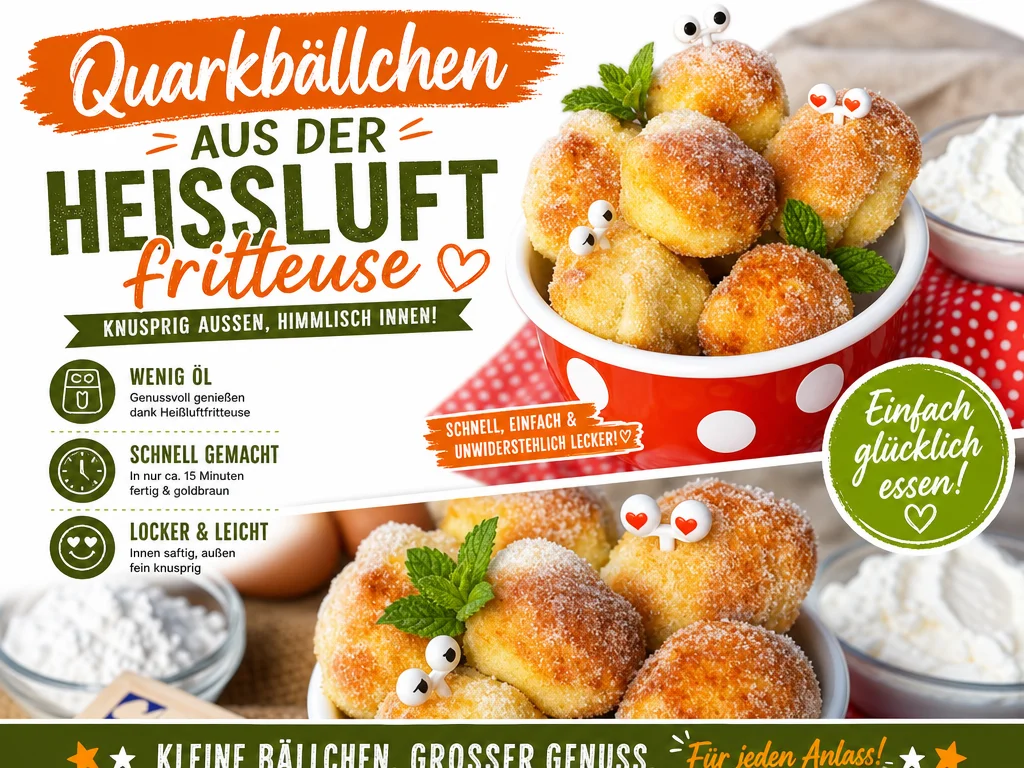 Knusprige Quarkbällchen aus der Heißluftfritteuse auf einem Teller
