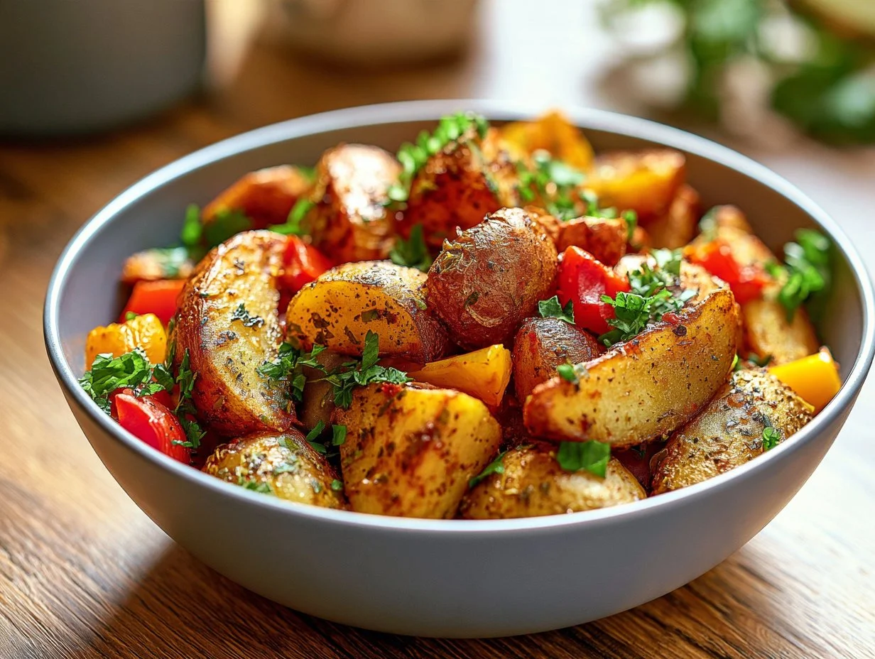 Kartoffel-Paprika-Wedges aus der Heißluftfritteuse, knusprig und lecker.