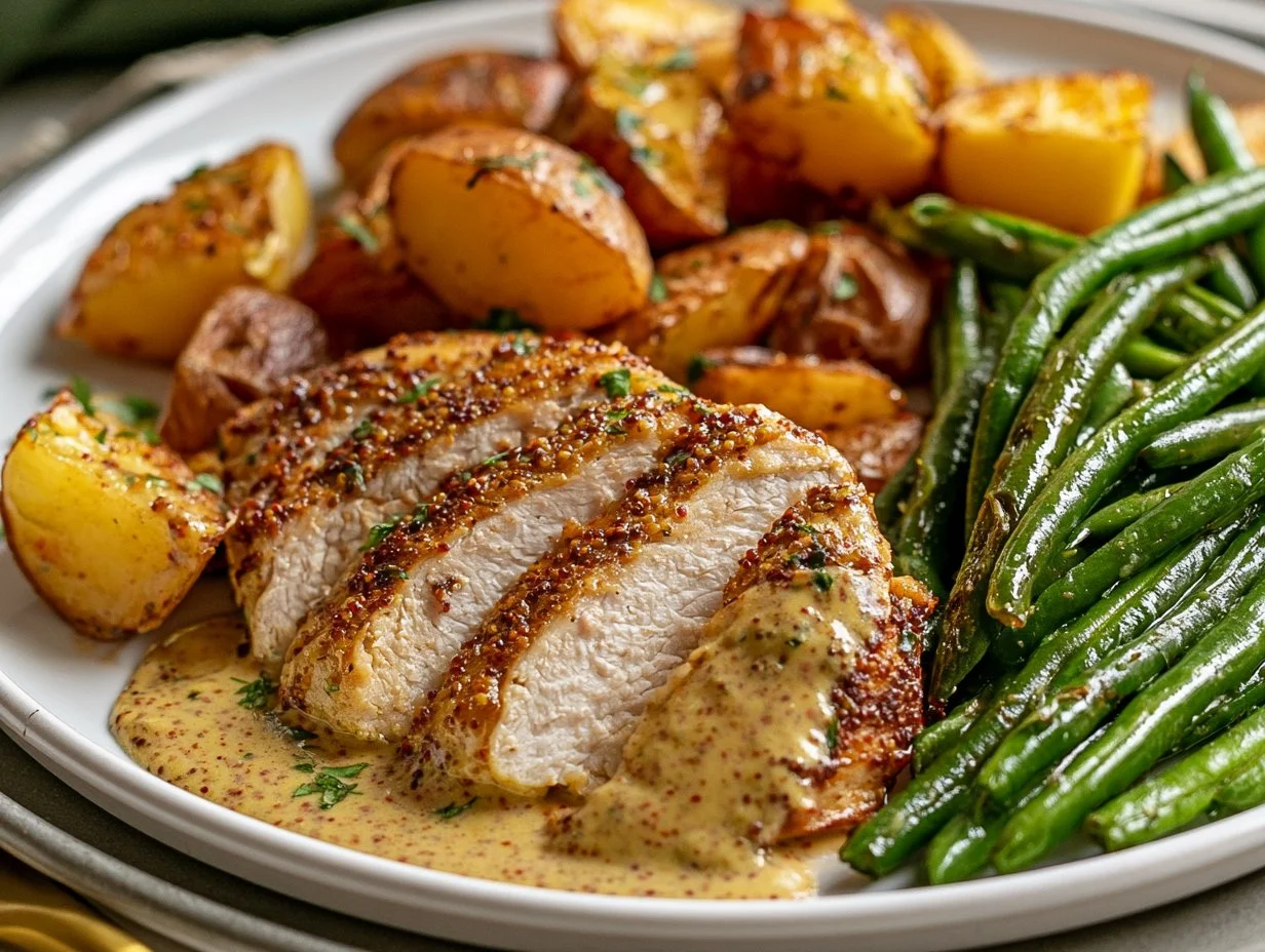 Air Fryer Kartoffeln mit Hähnchenbrustfilet, grünen Bohnen und Senfsauce