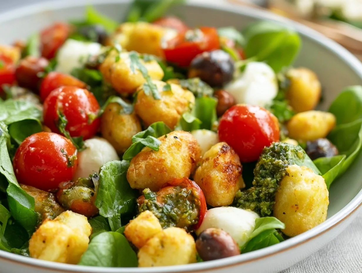 Knuspriger italienischer Gnocchi Salat aus dem Airfryer mit Pesto-Dressing